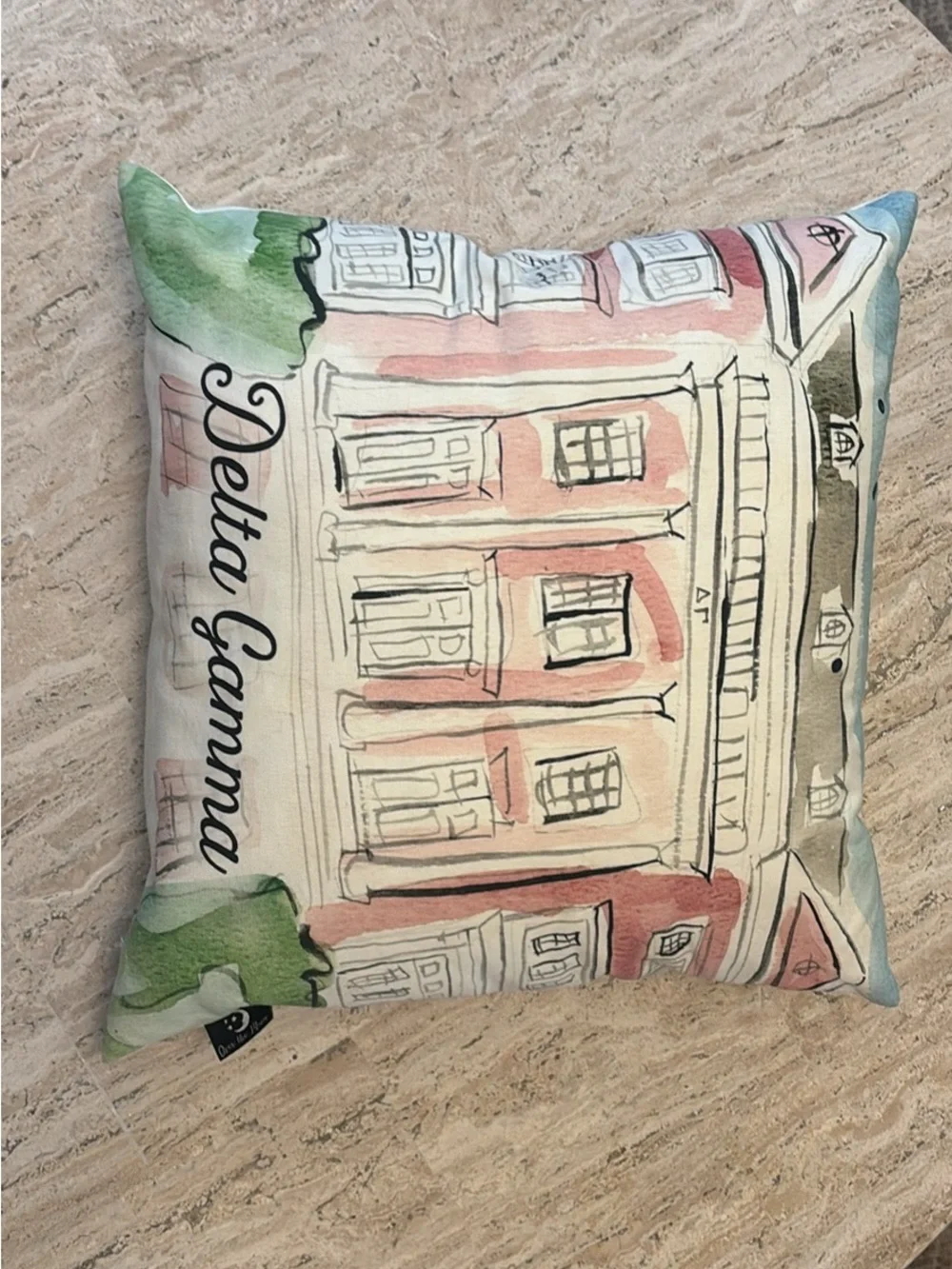 Delta Gamma Illustrated House Accent Pillow - Pink, Green, Blue